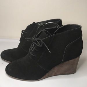 Lucky brand black suede wedge boots.